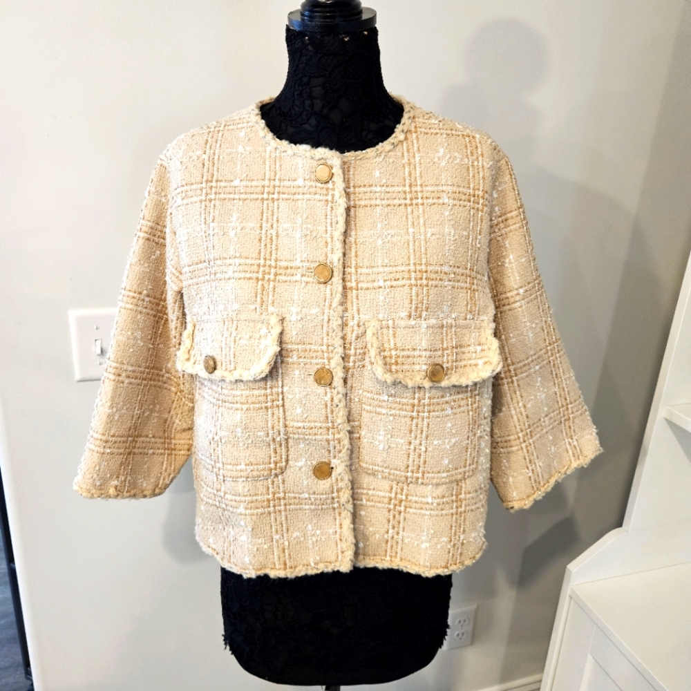 Fecn Tweed Jacket Small Woman Gold And Tan/creme